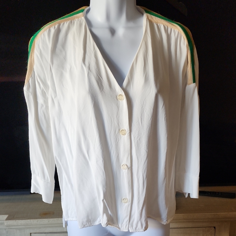 Sandro Paris  White Button-Down Shirt with Green and Tan Accents Quiet Luxury